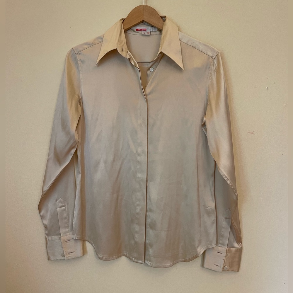 Elegant 95% Silk Satin Cream Button-Up Blouse